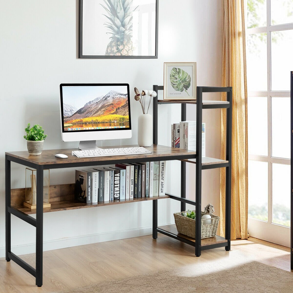 59-Inch Computer Desk Home Office Workstation 4-Tier Storage Shelves-Rustic Browm, Rustic Brown Computer Desks   at Gallery Canada