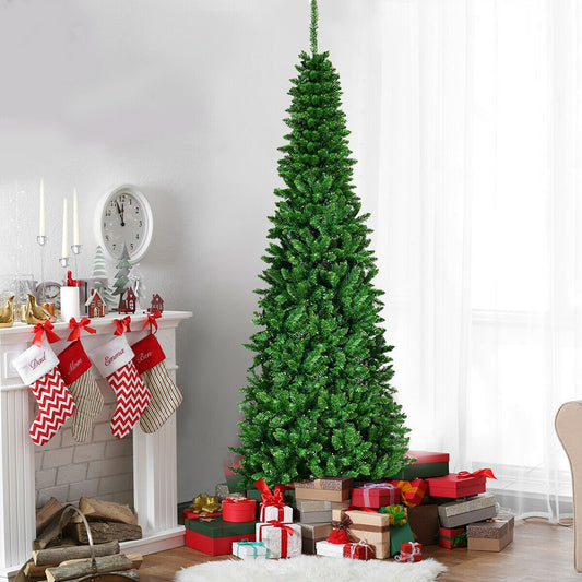 6.5' / 7.5' Pre-Lit Hinged Artificial Pencil Christmas Tree-7.5 ft, Green Christmas Tree   at Gallery Canada