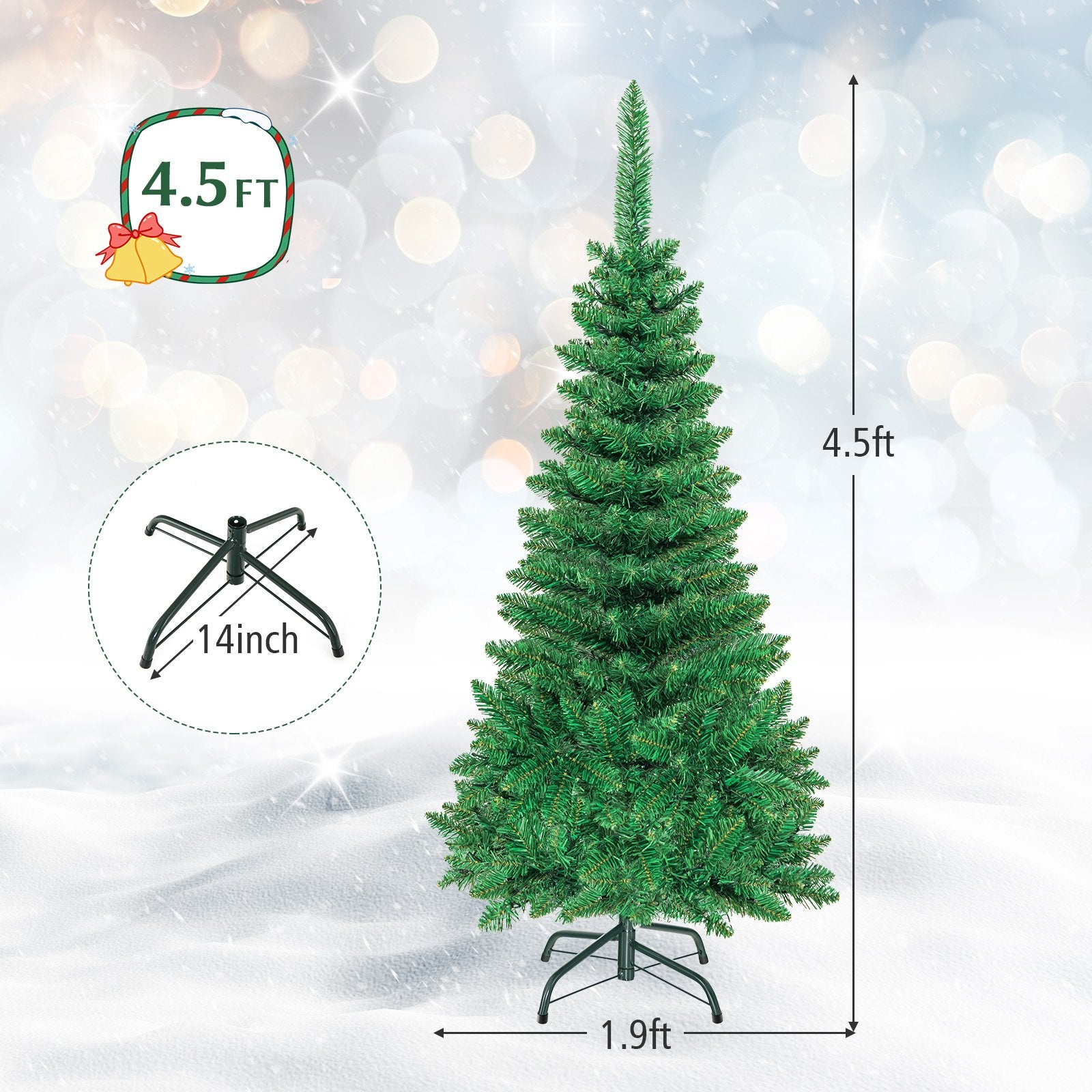 4.5 ft Pre-Lit Premium Hinged Artificial Fir Pencil Christmas Tree with LED Lights-Warm White, Green Christmas Tree   at Gallery Canada