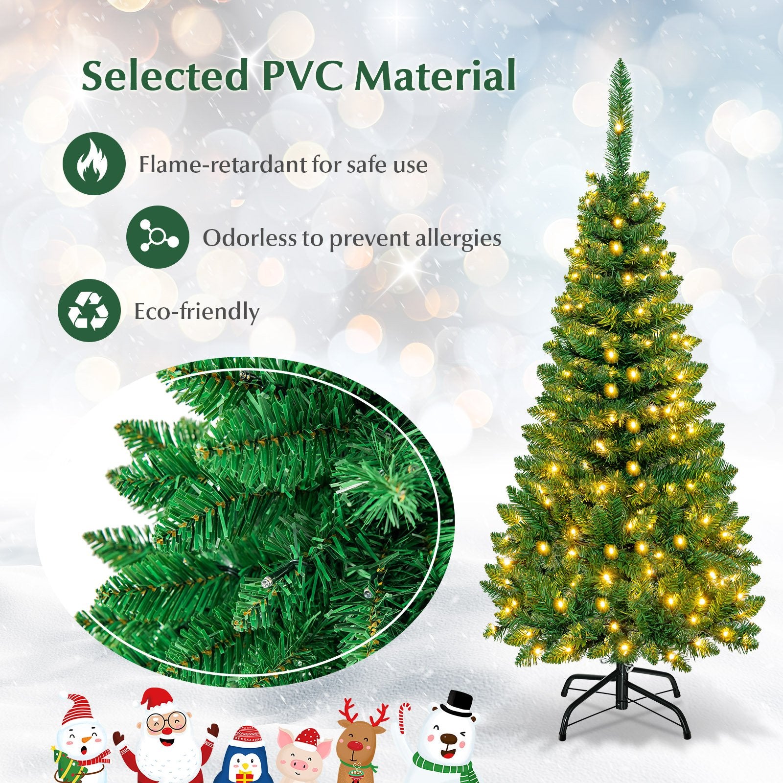 4.5 ft Pre-Lit Premium Hinged Artificial Fir Pencil Christmas Tree with LED Lights-Warm White, Green Christmas Tree   at Gallery Canada