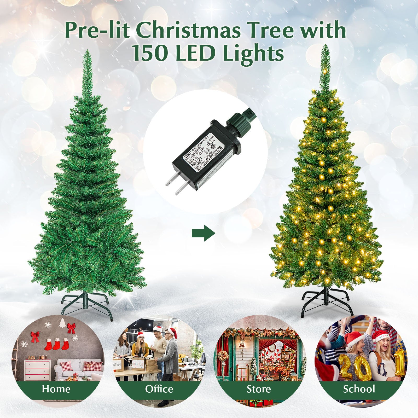 4.5 ft Pre-Lit Premium Hinged Artificial Fir Pencil Christmas Tree with LED Lights-Warm White, Green Christmas Tree   at Gallery Canada