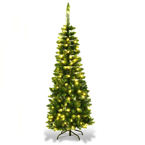 4.5 ft Pre-Lit Premium Hinged Artificial Fir Pencil Christmas Tree with LED Lights-Warm White, Green