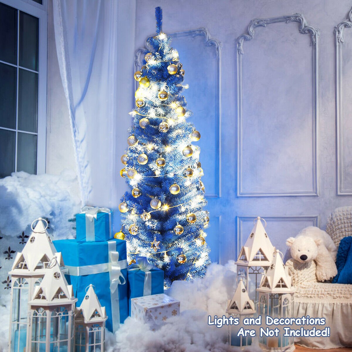 6 Feet Unlit Pencil Slim Tree Artificial Christmas Tree, Blue Christmas Tree   at Gallery Canada