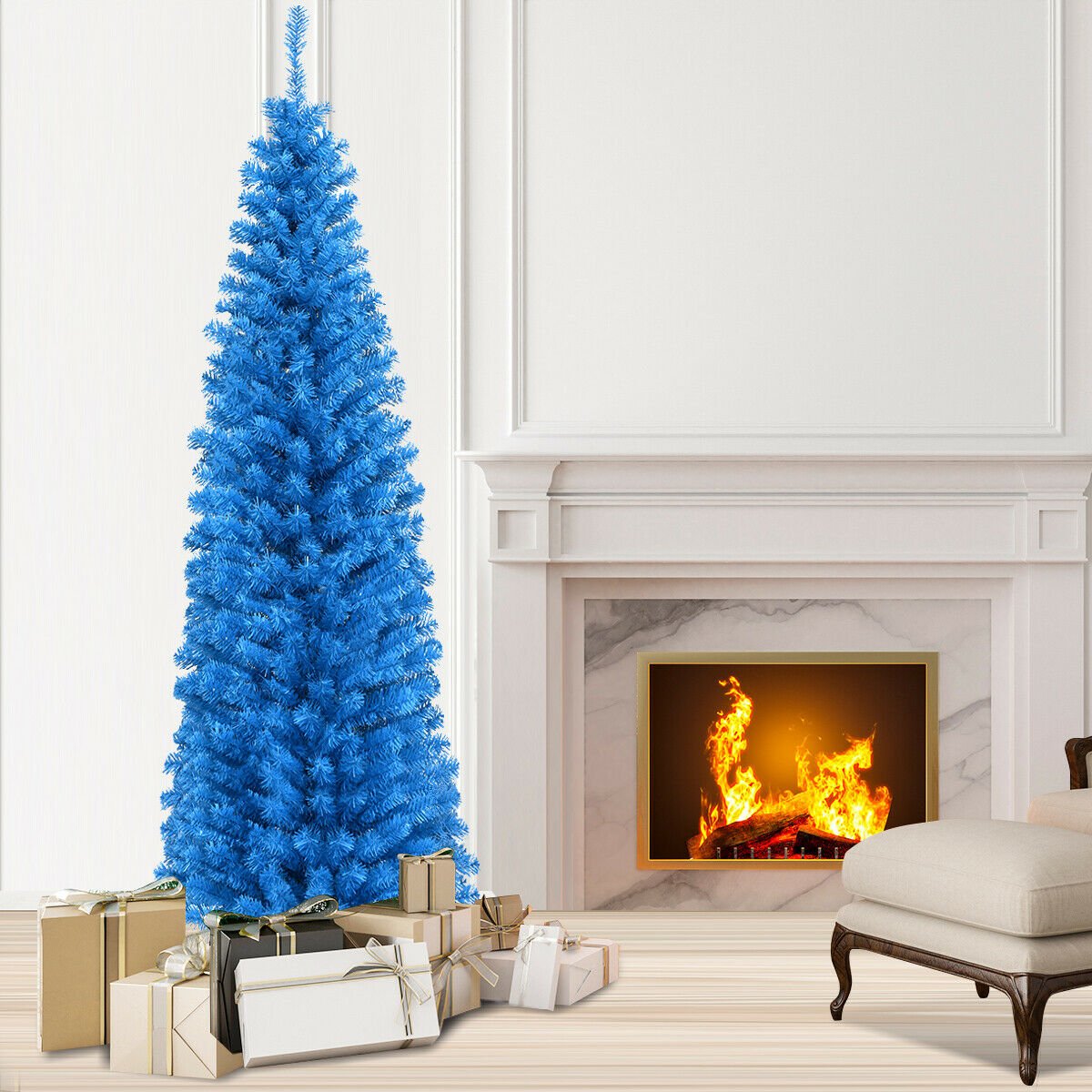 6 Feet Unlit Pencil Slim Tree Artificial Christmas Tree, Blue Christmas Tree   at Gallery Canada