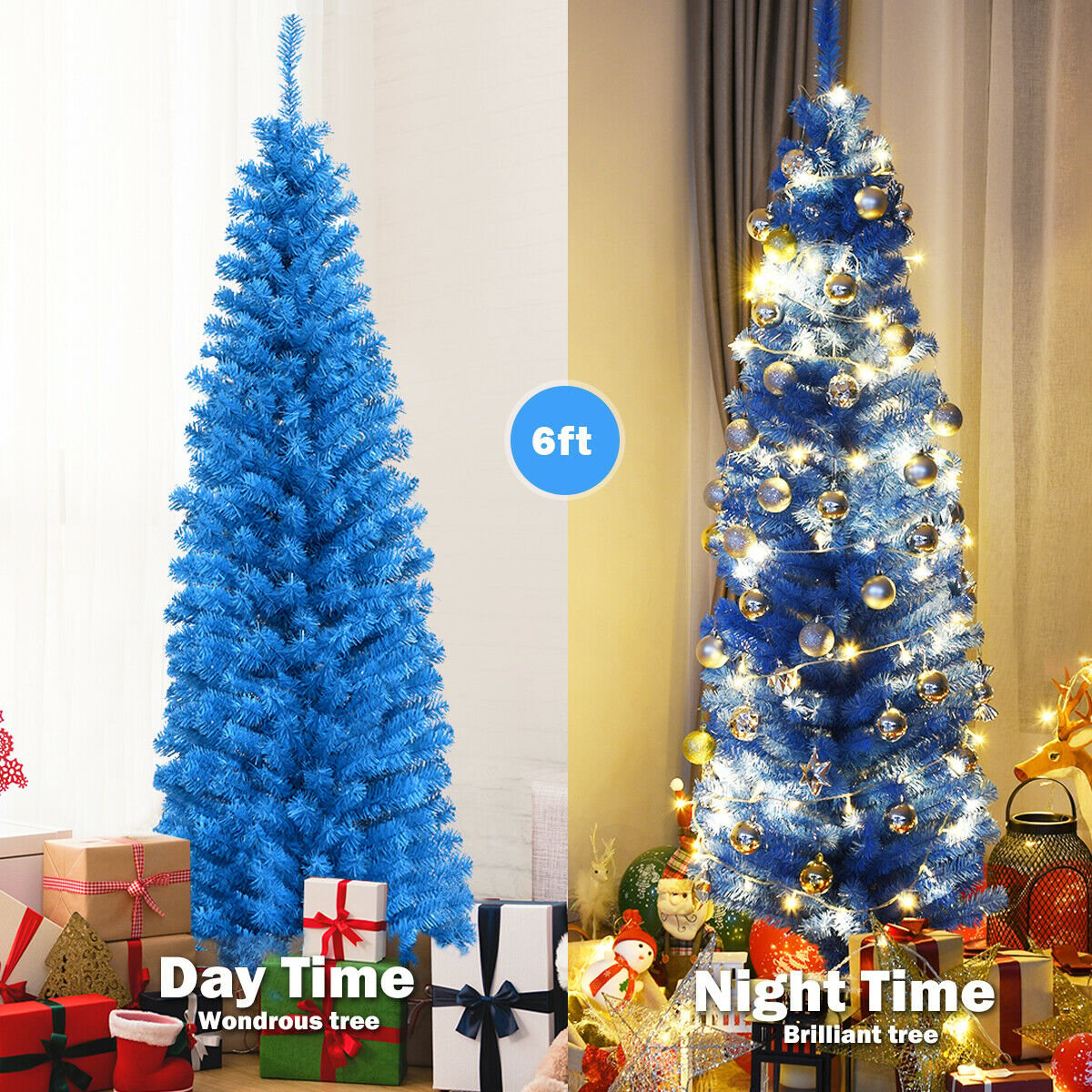 6 Feet Unlit Pencil Slim Tree Artificial Christmas Tree, Blue Christmas Tree   at Gallery Canada