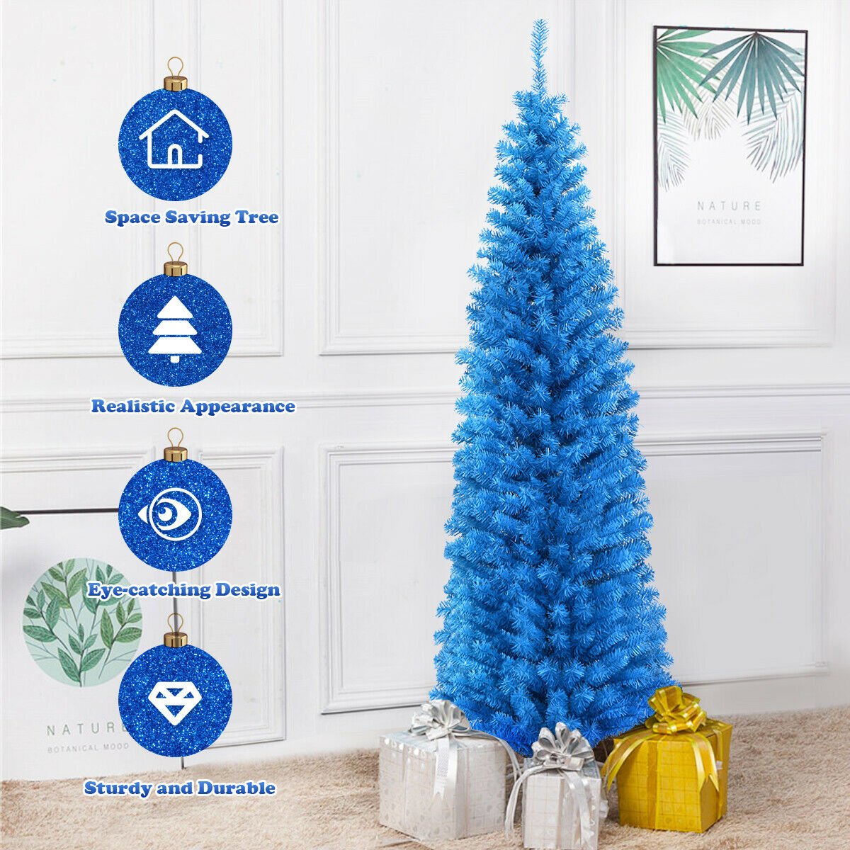 6 Feet Unlit Pencil Slim Tree Artificial Christmas Tree, Blue Christmas Tree   at Gallery Canada