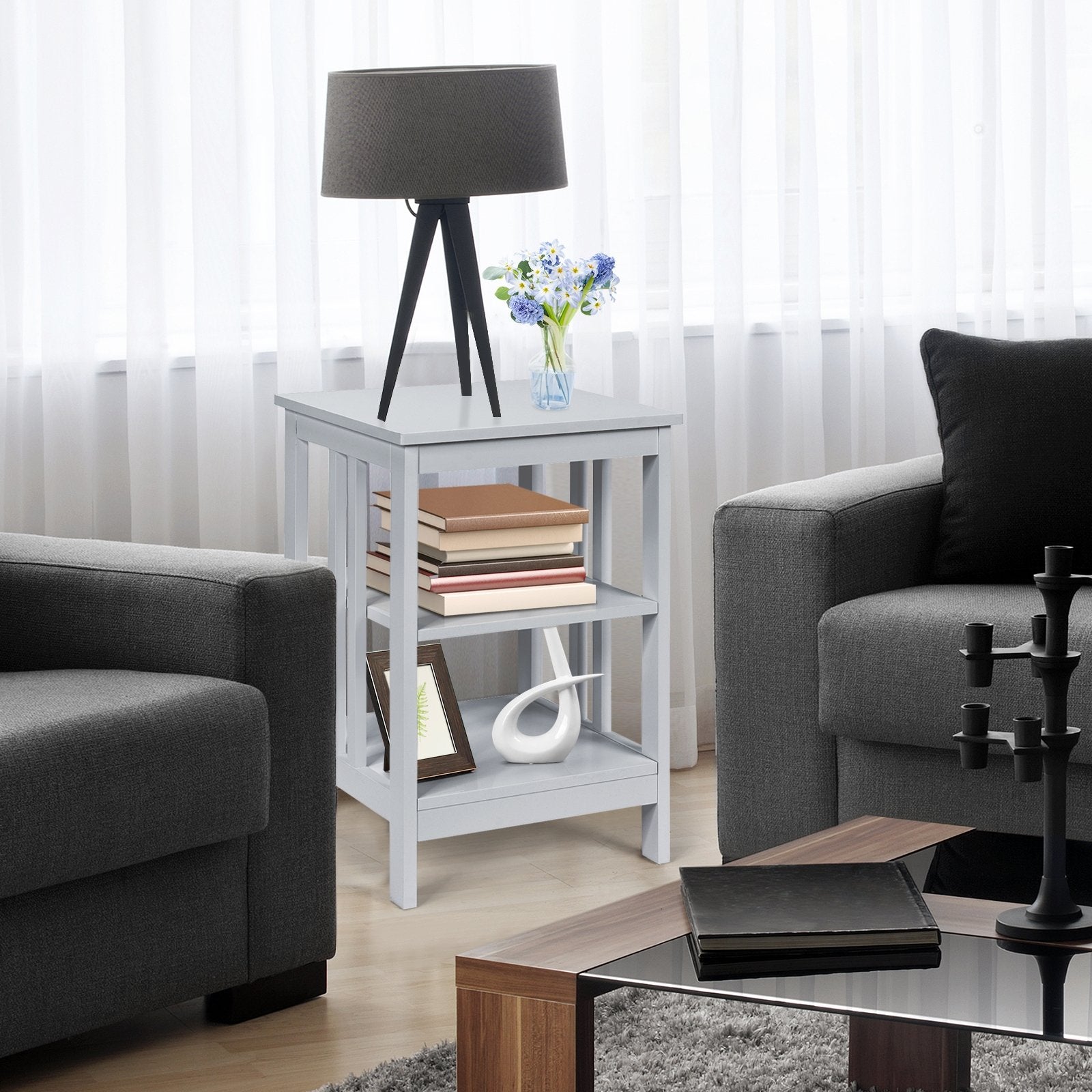 3-tier Side Table Nightstand with Stable Structure, Gray Nightstands   at Gallery Canada