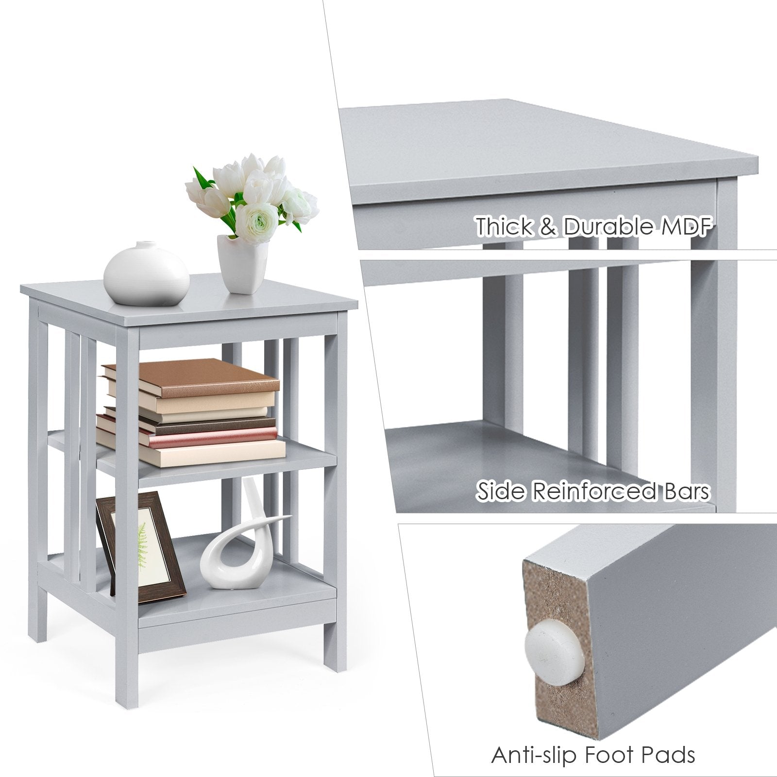 3-tier Side Table Nightstand with Stable Structure, Gray Nightstands   at Gallery Canada