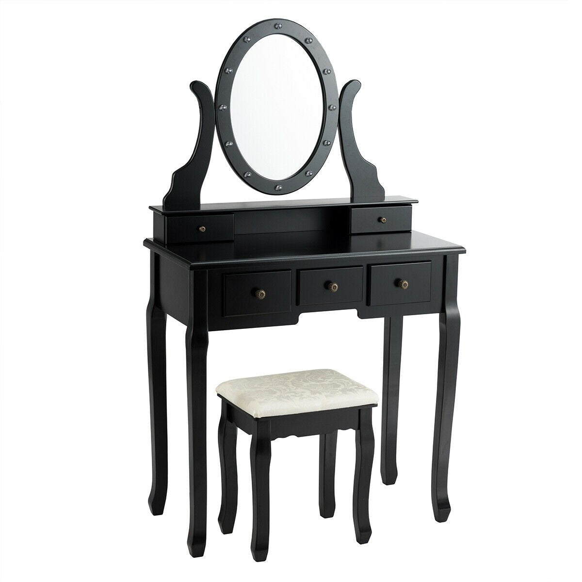 5 Drawers Vanity Table Stool Set with 12-LED Bulbs, Black Makeup Vanities   at Gallery Canada