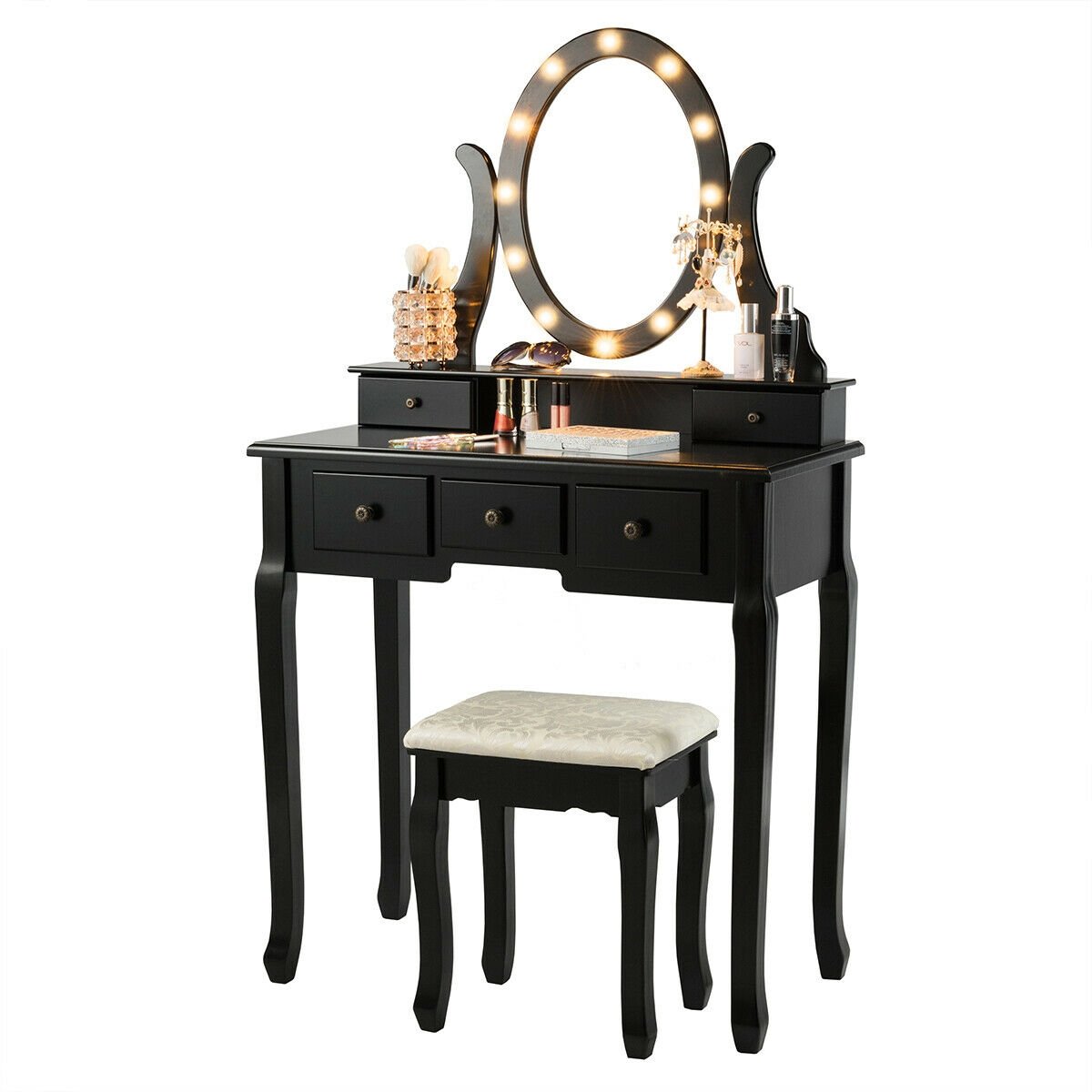 5 Drawers Vanity Table Stool Set with 12-LED Bulbs, Black Makeup Vanities   at Gallery Canada