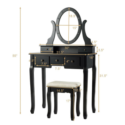 5 Drawers Vanity Table Stool Set with 12-LED Bulbs, Black Makeup Vanities   at Gallery Canada