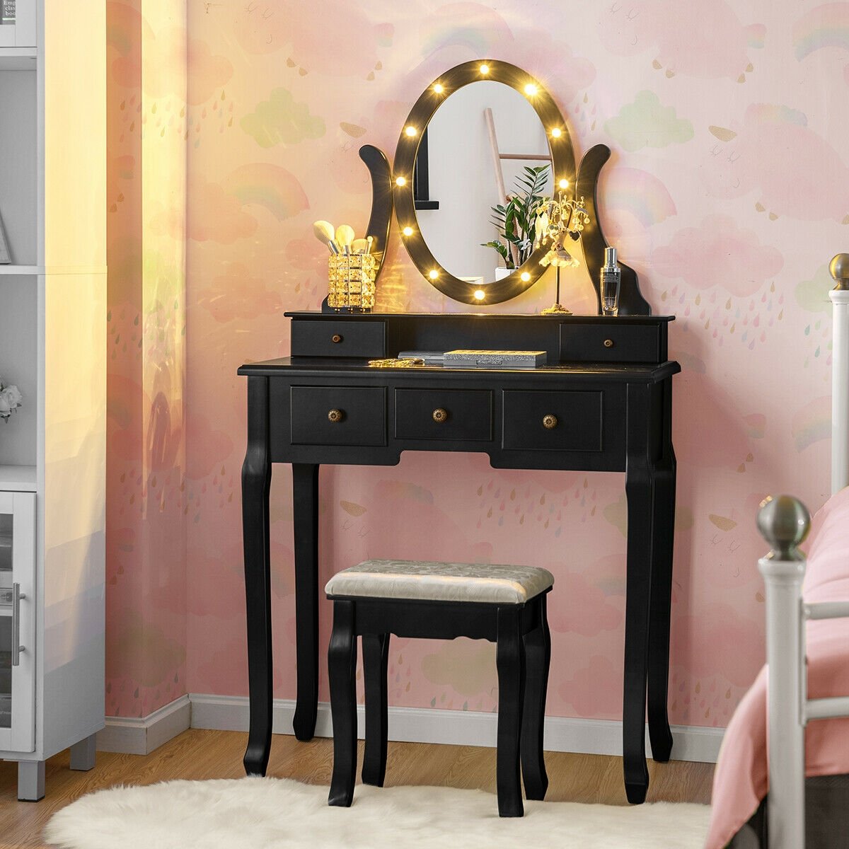 5 Drawers Vanity Table Stool Set with 12-LED Bulbs, Black Makeup Vanities   at Gallery Canada