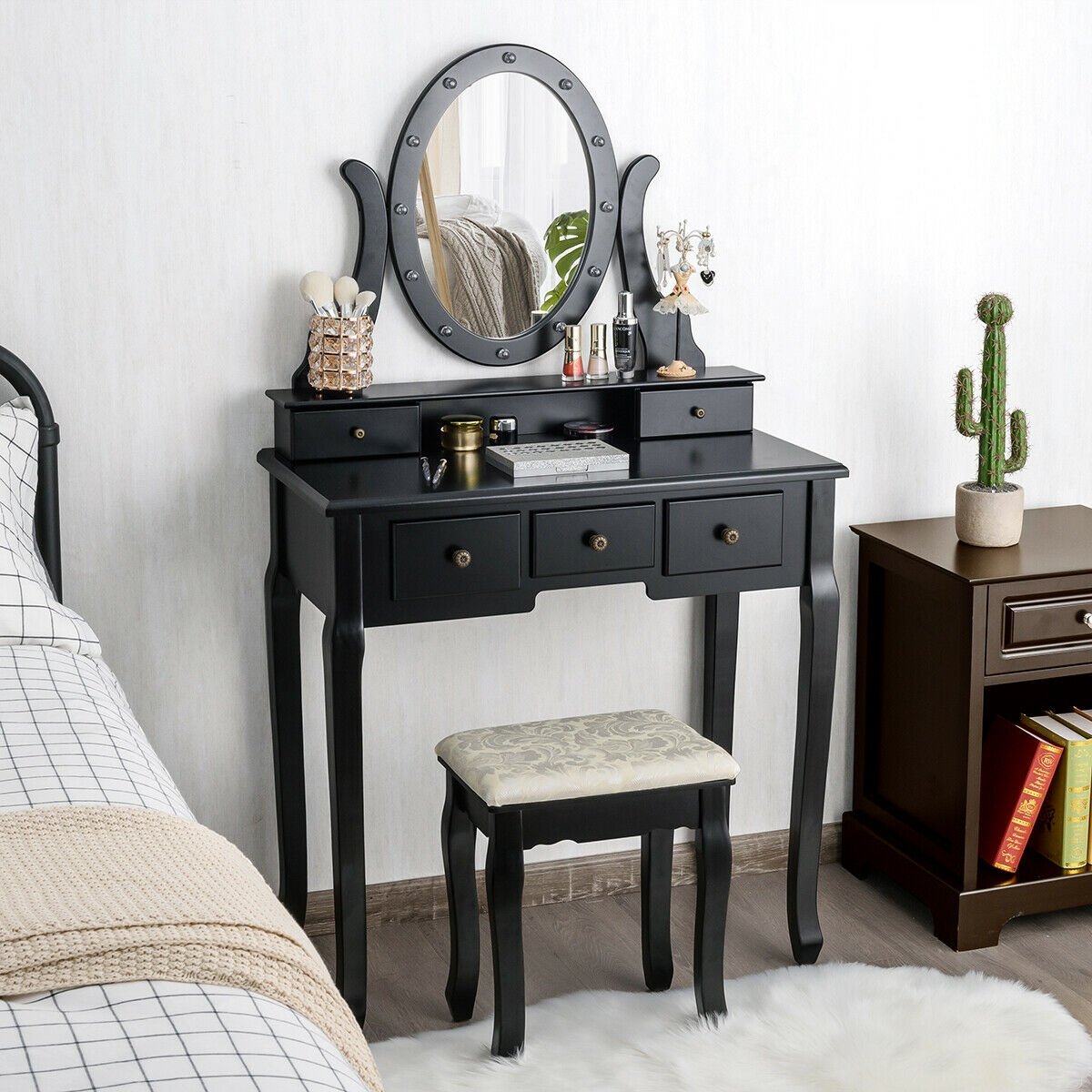 5 Drawers Vanity Table Stool Set with 12-LED Bulbs, Black Makeup Vanities   at Gallery Canada