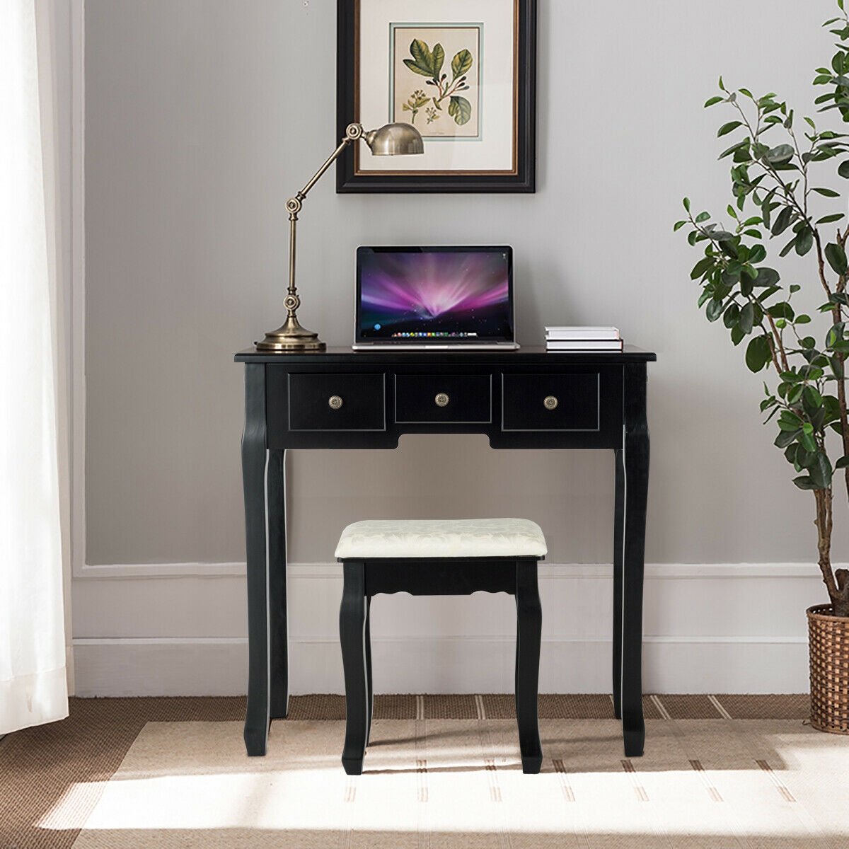 5 Drawers Vanity Table Stool Set with 12-LED Bulbs, Black Makeup Vanities   at Gallery Canada