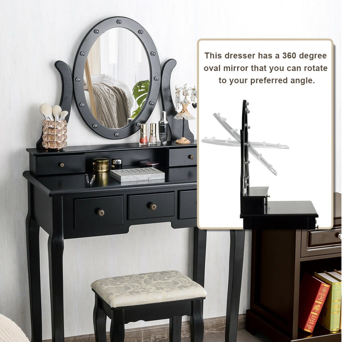 5 Drawers Vanity Table Stool Set with 12-LED Bulbs, Black Makeup Vanities   at Gallery Canada