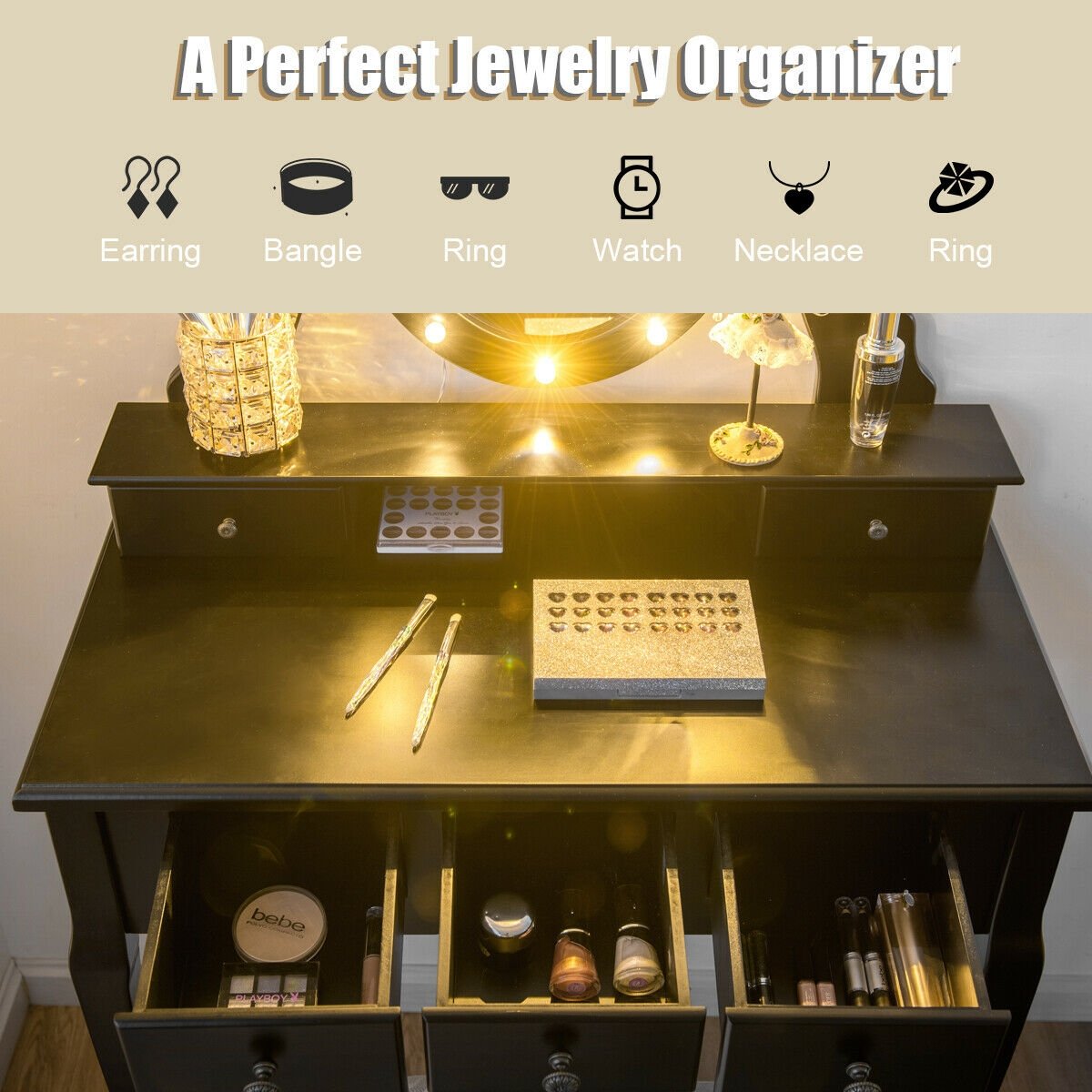 5 Drawers Vanity Table Stool Set with 12-LED Bulbs, Black Makeup Vanities   at Gallery Canada