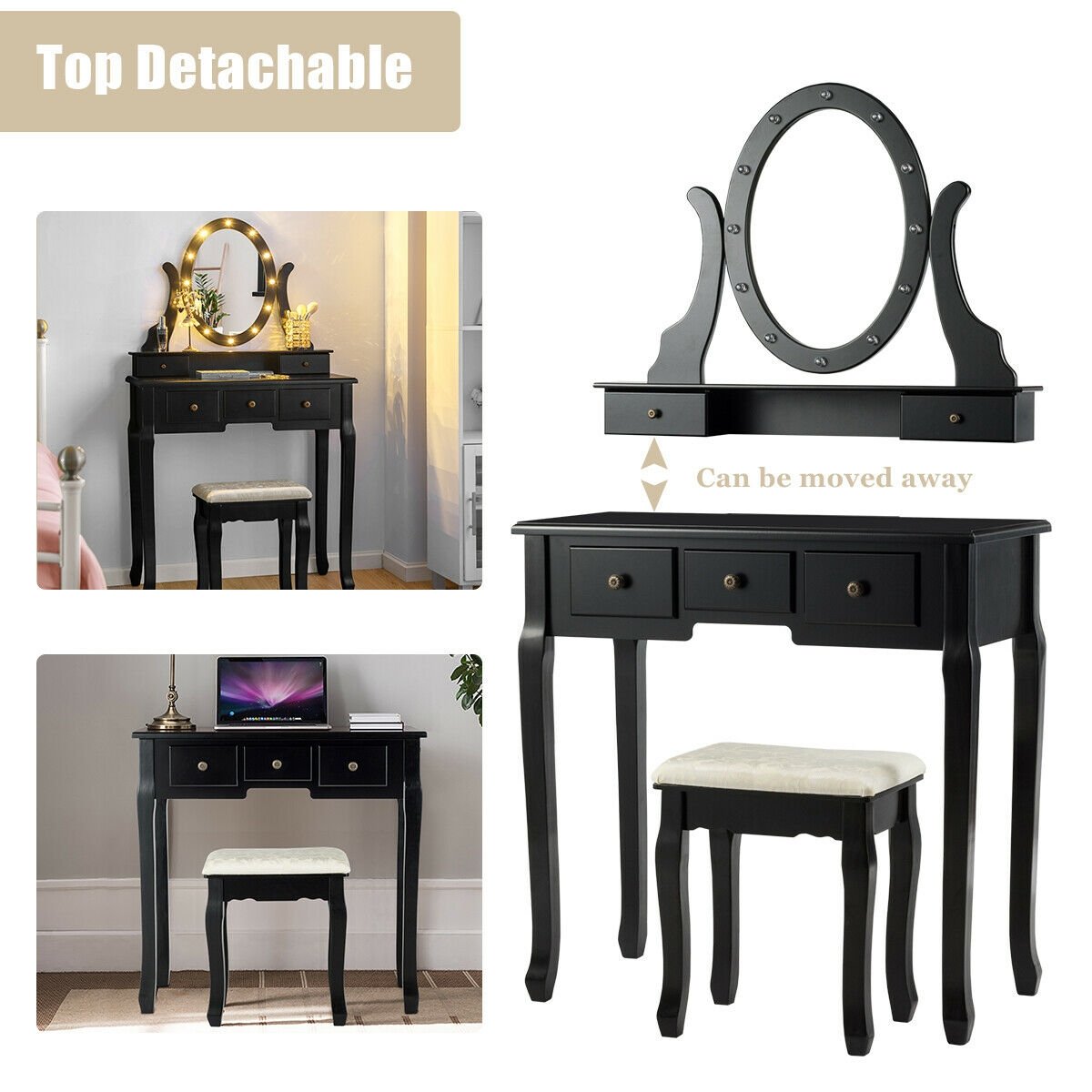 5 Drawers Vanity Table Stool Set with 12-LED Bulbs, Black Makeup Vanities   at Gallery Canada