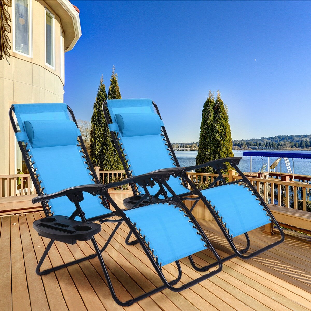 2 Pieces Folding Lounge Chair with Zero Gravity, Light Blue Beach & Lawn Chairs at Gallery Canada