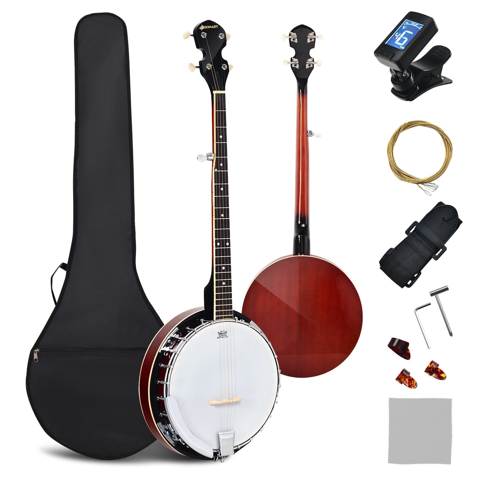 5-String Geared Tunable Banjo with case, Black Guitar & Strings Black at Gallery Canada