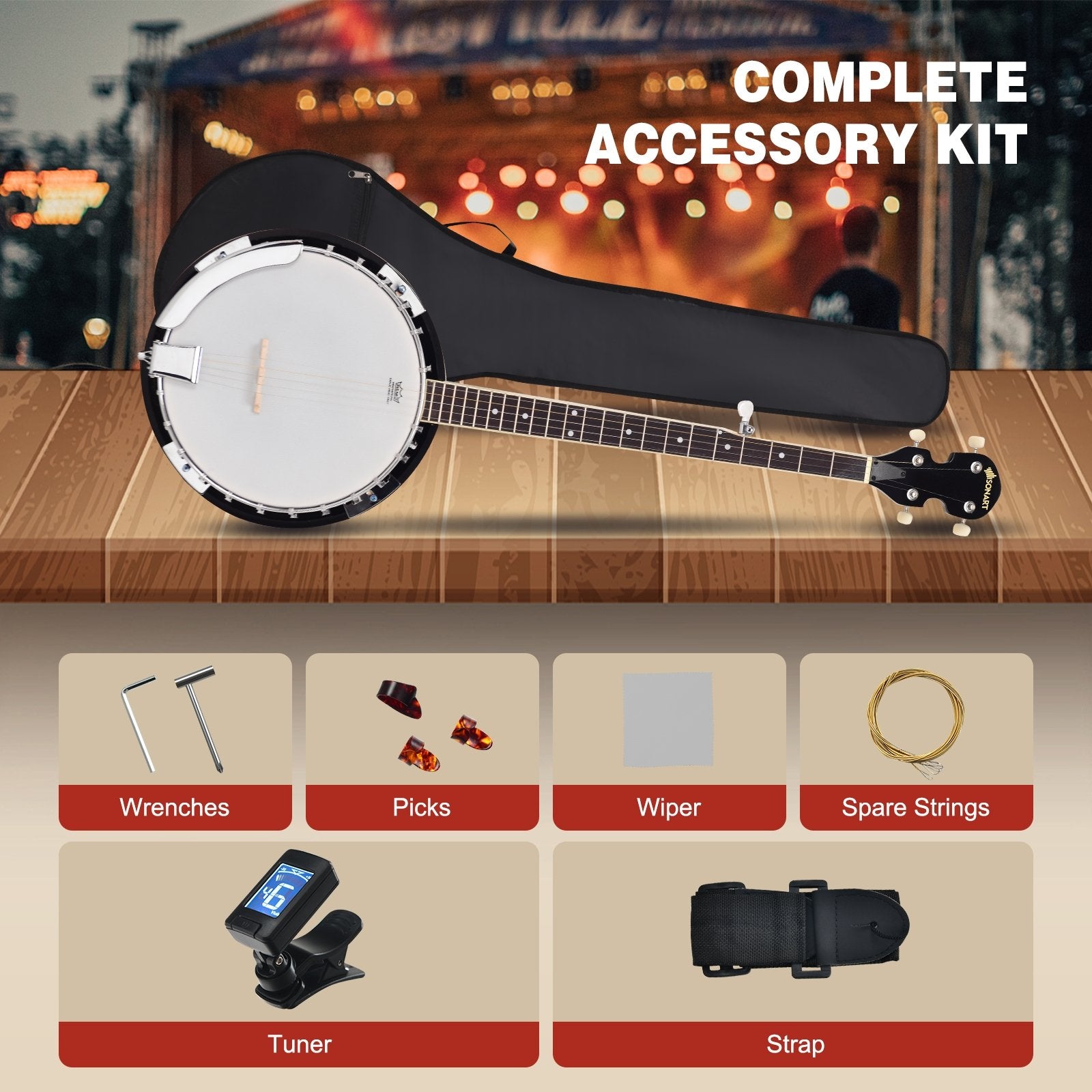 5-String Geared Tunable Banjo with case, Black Guitar & Strings at Gallery Canada