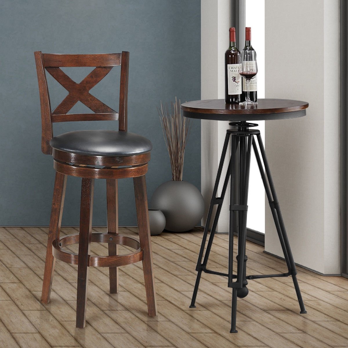 Swivel X-back Upholstered Counter Height Bar Stool with PVC Cushioned Seat-29 Inch, Brown Bar Stools   at Gallery Canada