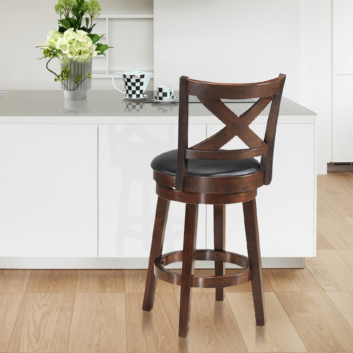 Swivel X-back Upholstered Counter Height Bar Stool with PVC Cushioned Seat-24 Inch, Brown Bar Stools   at Gallery Canada