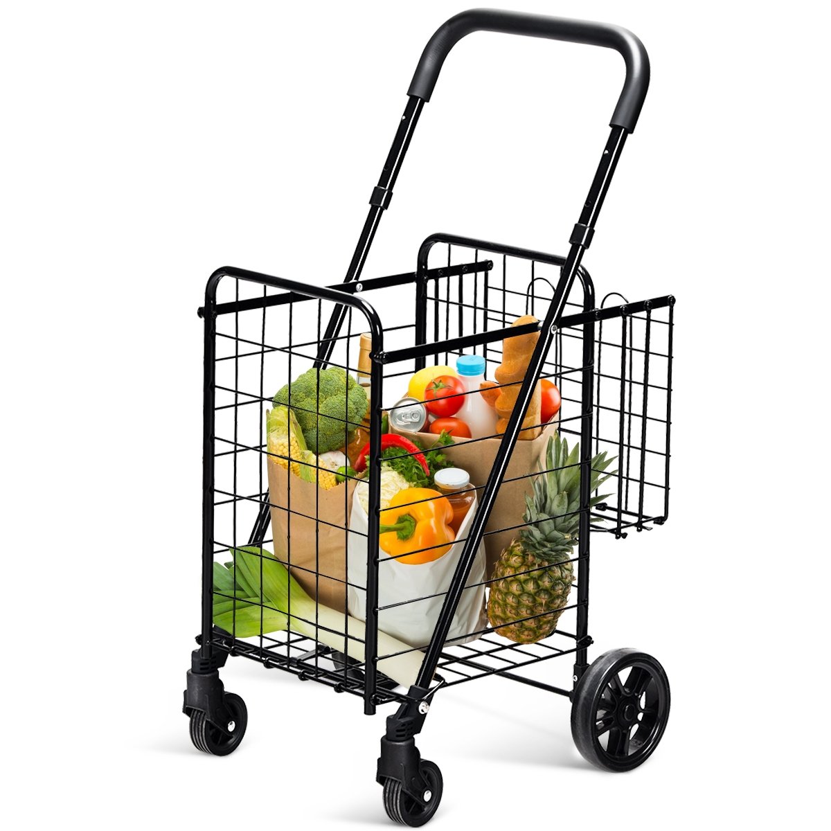 Folding Shopping Cart Basket Rolling Trolley with Adjustable Handle, Black - Gallery Canada