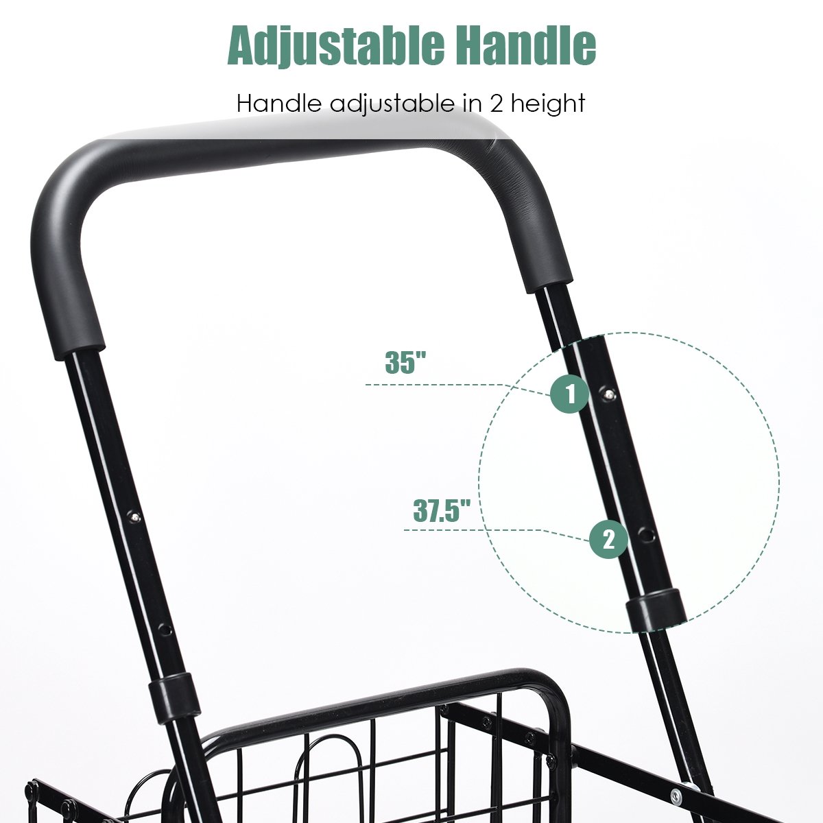 Folding Shopping Cart Basket Rolling Trolley with Adjustable Handle, Black - Gallery Canada