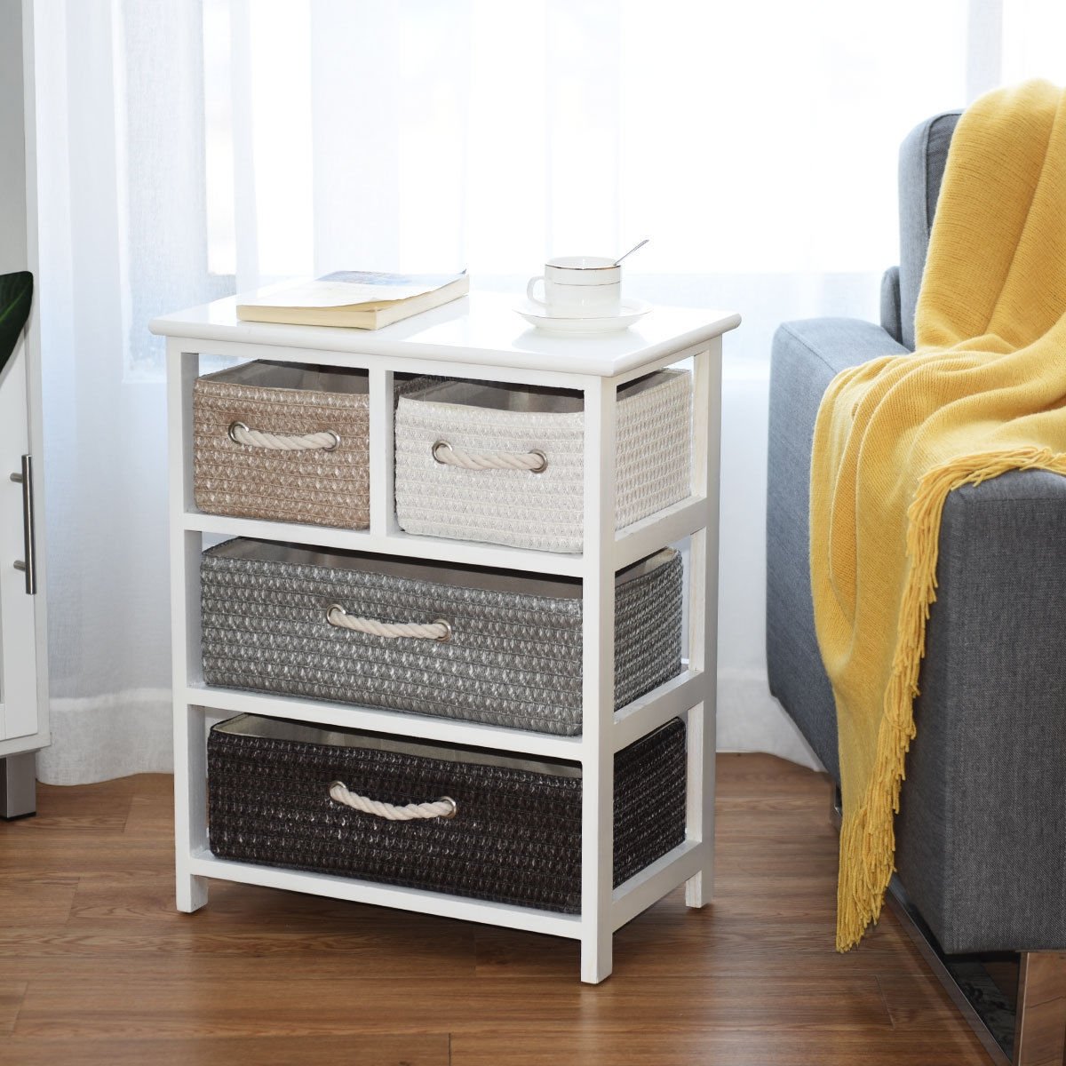 Storage Drawer Nightstand Woven Basket Cabinet Bedside Table, Multicolor - Gallery Canada