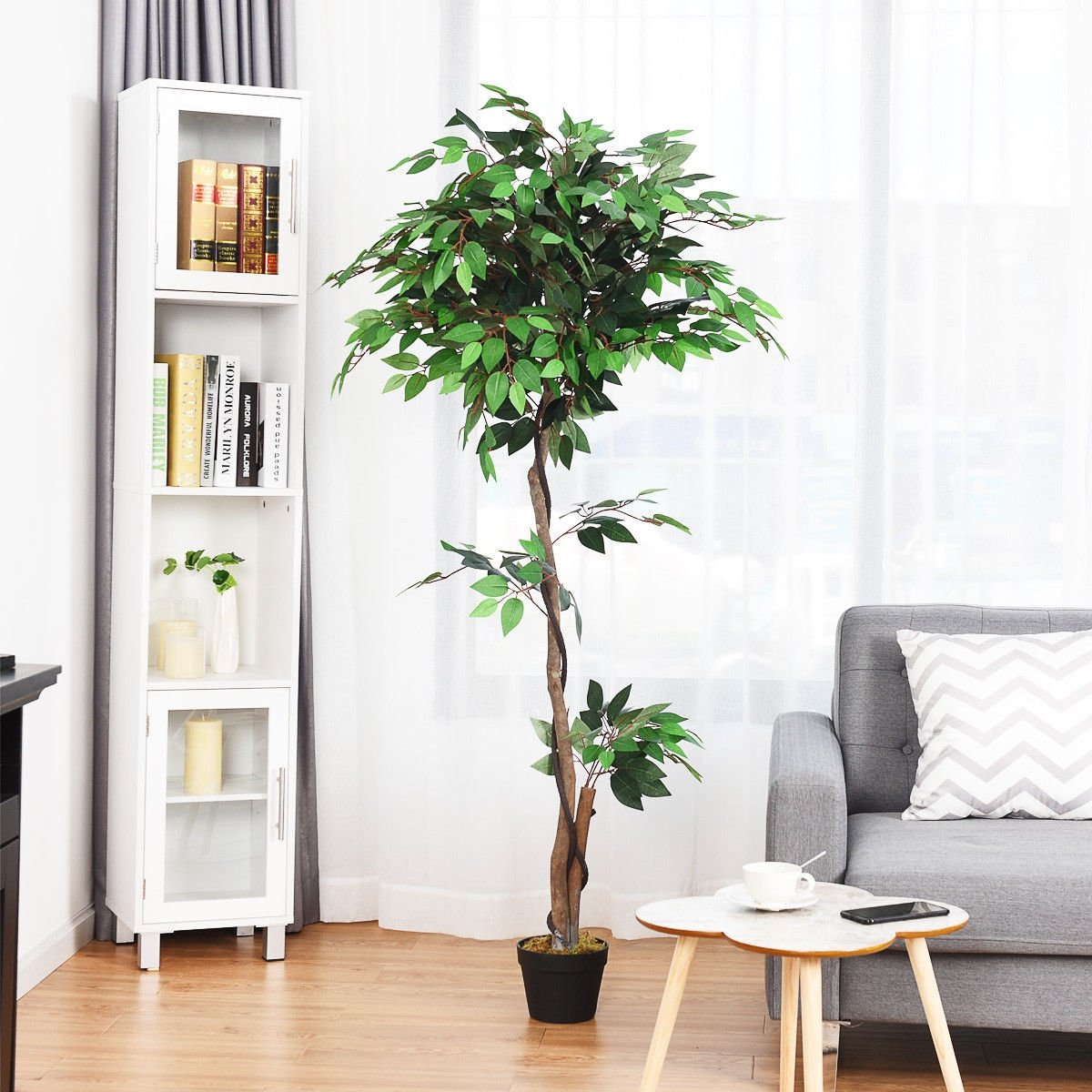 5.5 Feet Artificial Ficus Silk Tree with Wood Trunks, Green Faux Plants   at Gallery Canada