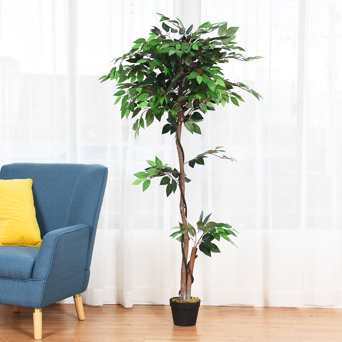 5.5 Feet Artificial Ficus Silk Tree with Wood Trunks, Green Faux Plants   at Gallery Canada