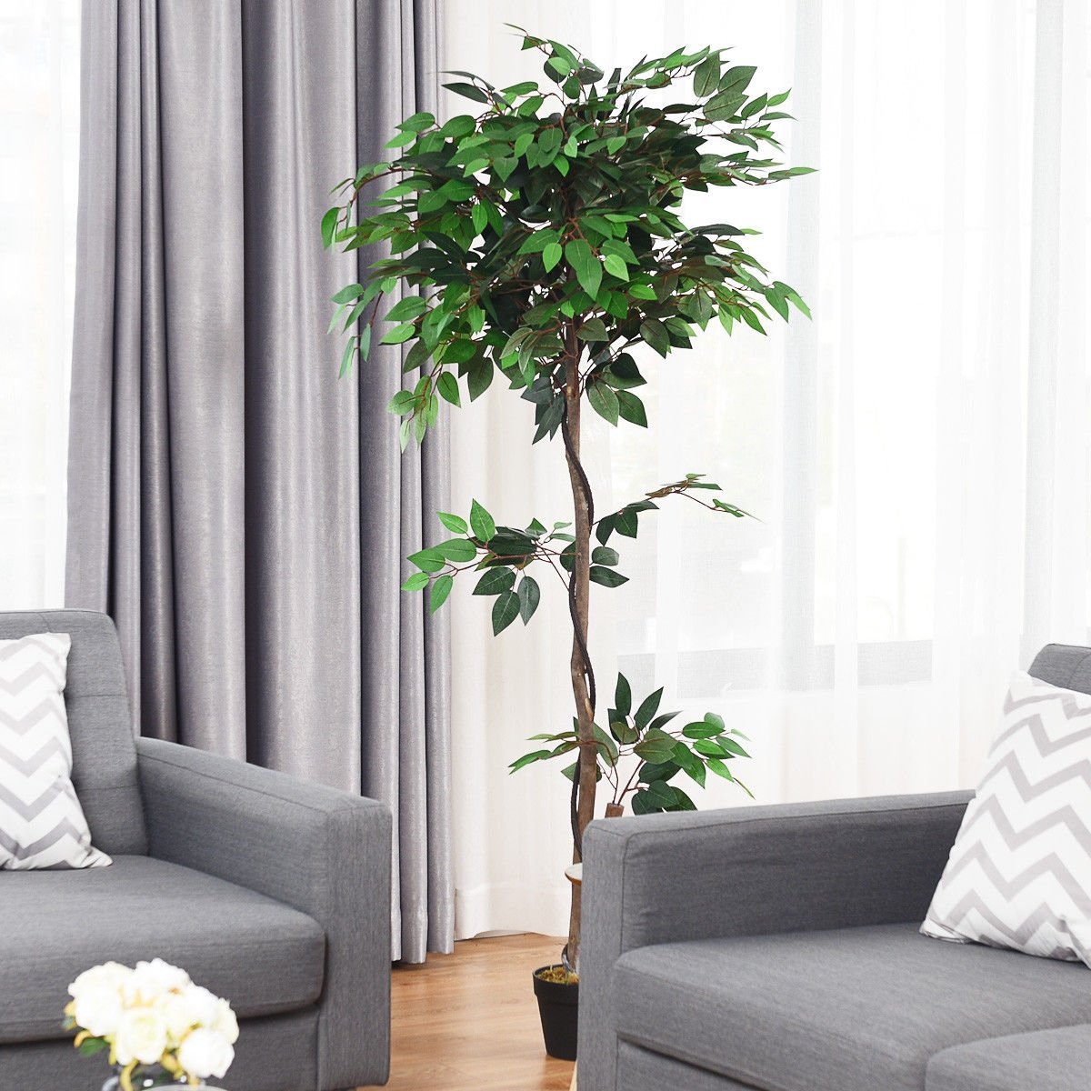 5.5 Feet Artificial Ficus Silk Tree with Wood Trunks, Green Faux Plants   at Gallery Canada