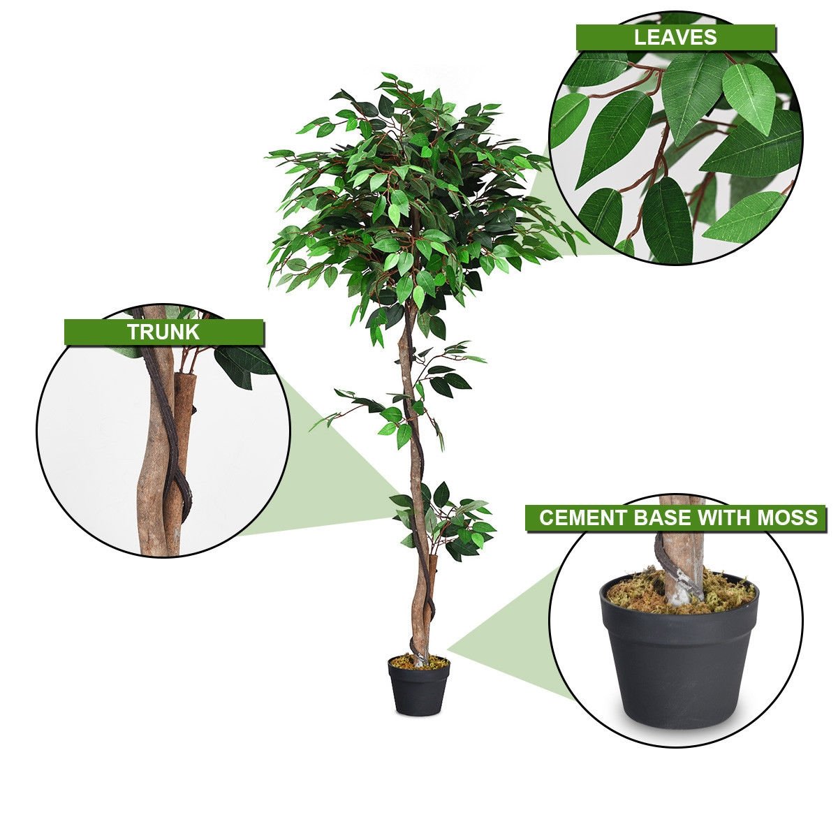 5.5 Feet Artificial Ficus Silk Tree with Wood Trunks, Green Faux Plants   at Gallery Canada