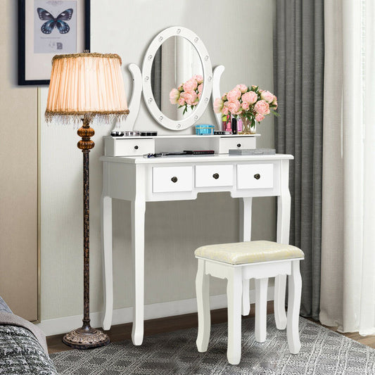 5 Drawers Vanity Dressing Table Stool Set with 12 LED Bulbs, White Makeup Vanities   at Gallery Canada