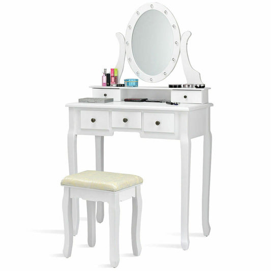 5 Drawers Vanity Dressing Table Stool Set with 12 LED Bulbs, White Makeup Vanities   at Gallery Canada