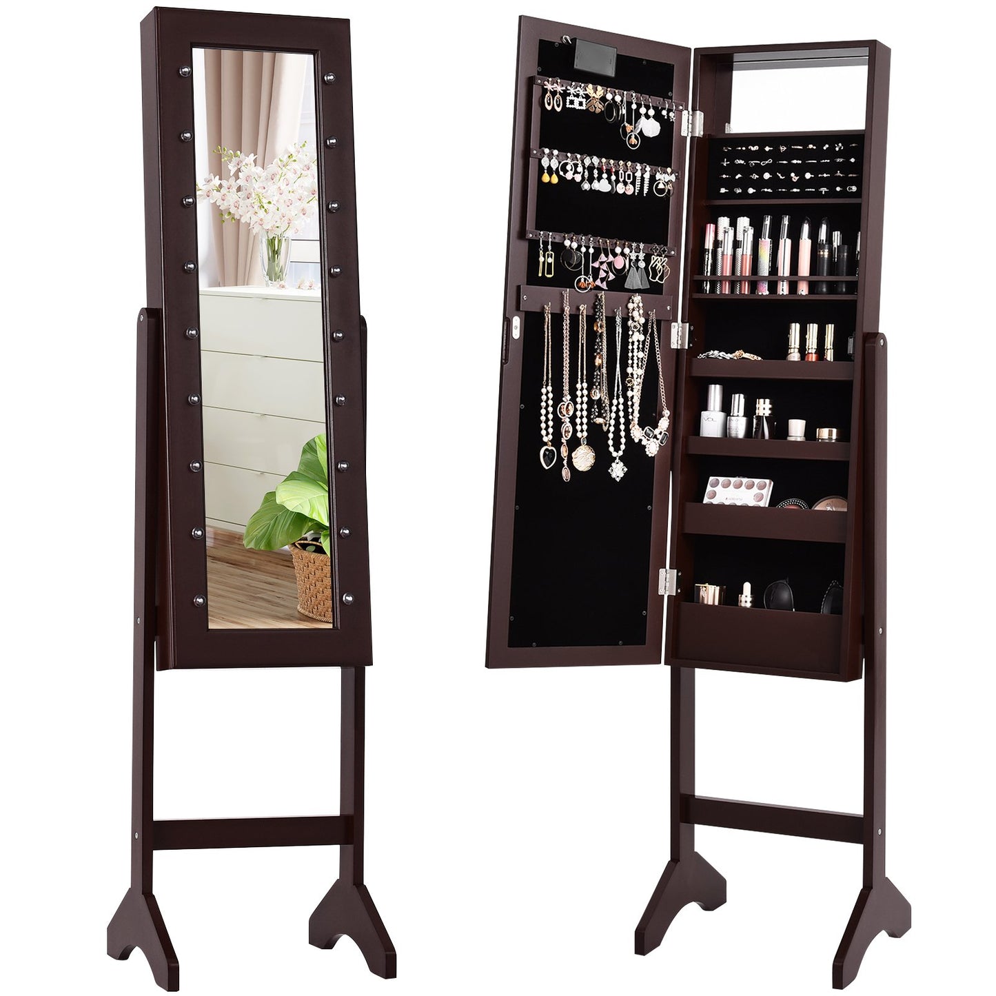 Mirrored Jewelry Cabinet Armoire Organizer w/ LED lights, Brown Jewelry Armoires   at Gallery Canada