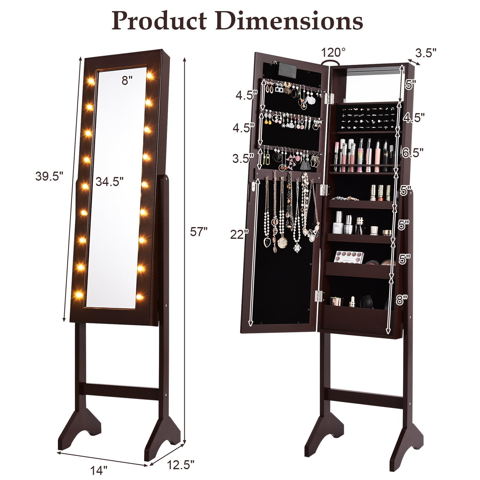 Mirrored Jewelry Cabinet Armoire Organizer w/ LED lights, Brown Jewelry Armoires   at Gallery Canada