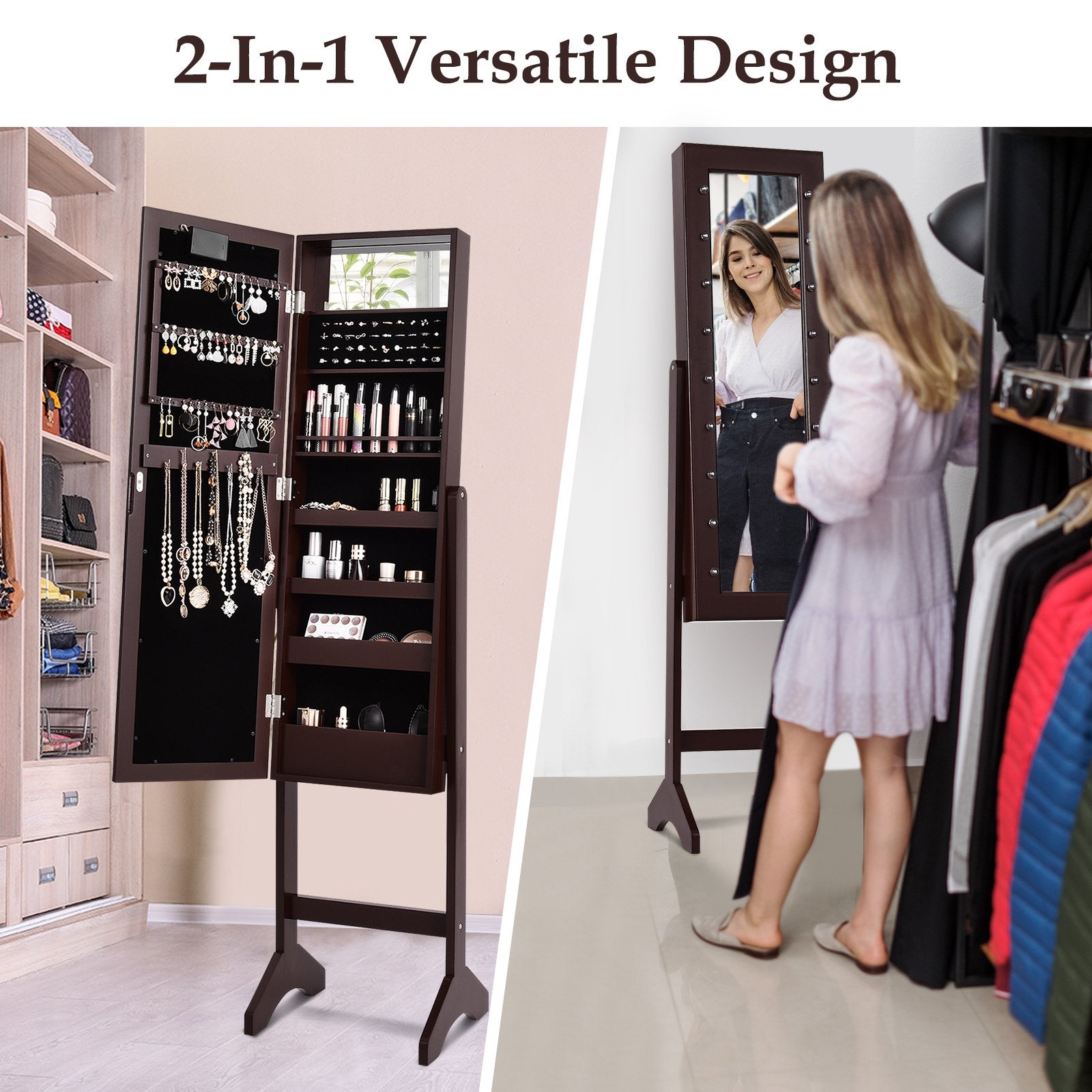 Mirrored Jewelry Cabinet Armoire Organizer w/ LED lights, Brown Jewelry Armoires   at Gallery Canada