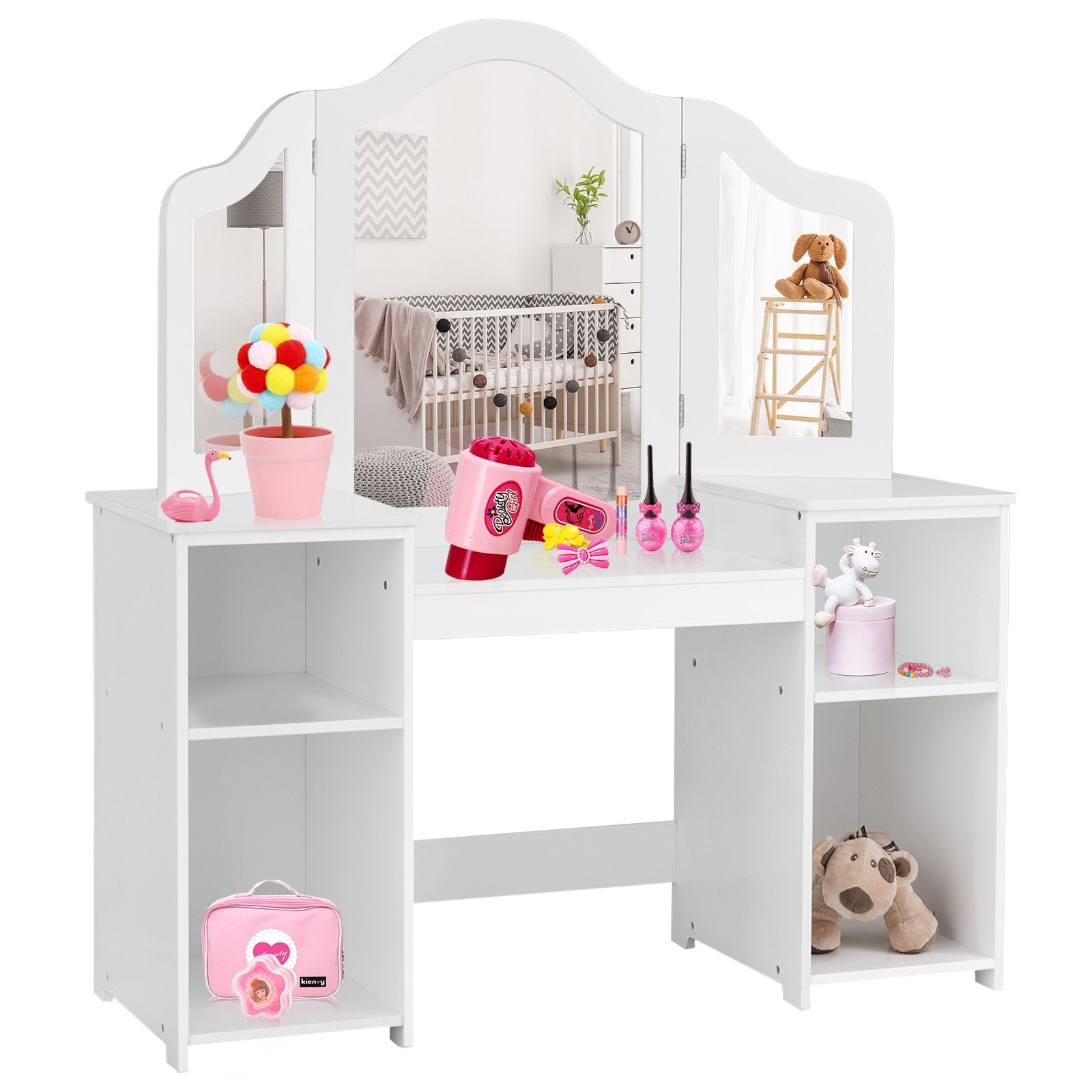 Kids Tri Folding Mirror Makeup Dressing Vanity Table Set, White - Gallery Canada