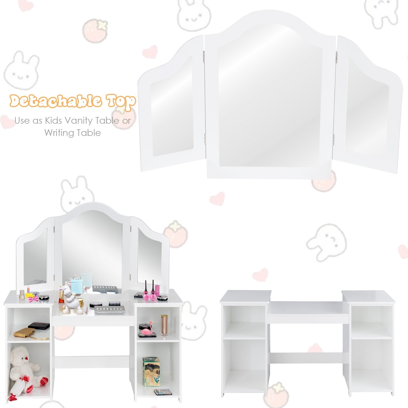 Kids Tri Folding Mirror Makeup Dressing Vanity Table Set, White - Gallery Canada