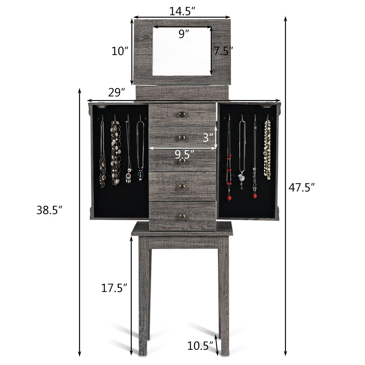 Standing Jewelry Cabinet Storage Organizer with Wooden Legs, Gray Jewelry Armoires   at Gallery Canada