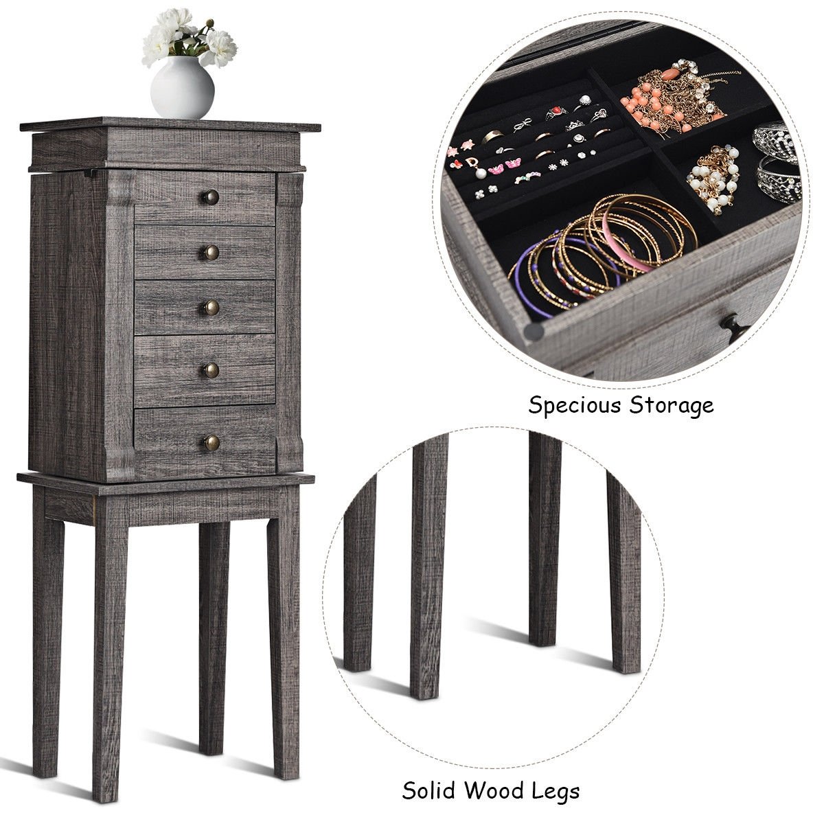 Standing Jewelry Cabinet Storage Organizer with Wooden Legs, Gray Jewelry Armoires   at Gallery Canada