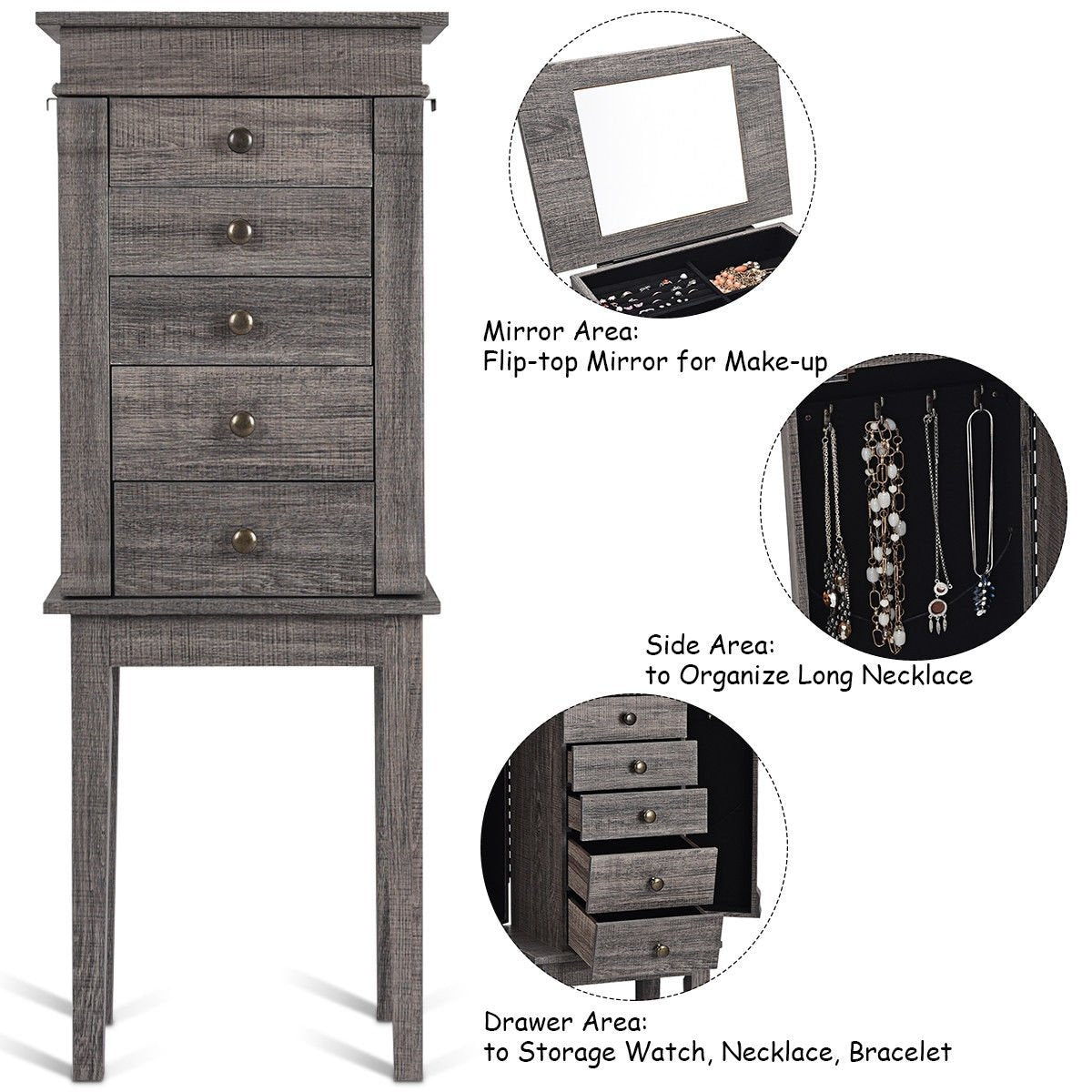 Standing Jewelry Cabinet Storage Organizer with Wooden Legs, Gray Jewelry Armoires   at Gallery Canada