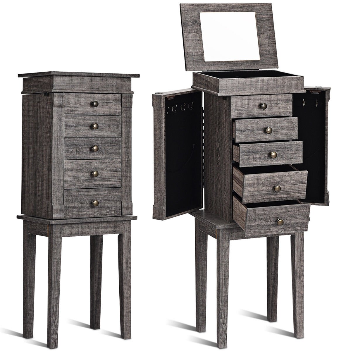 Standing Jewelry Cabinet Storage Organizer with Wooden Legs, Gray Jewelry Armoires   at Gallery Canada