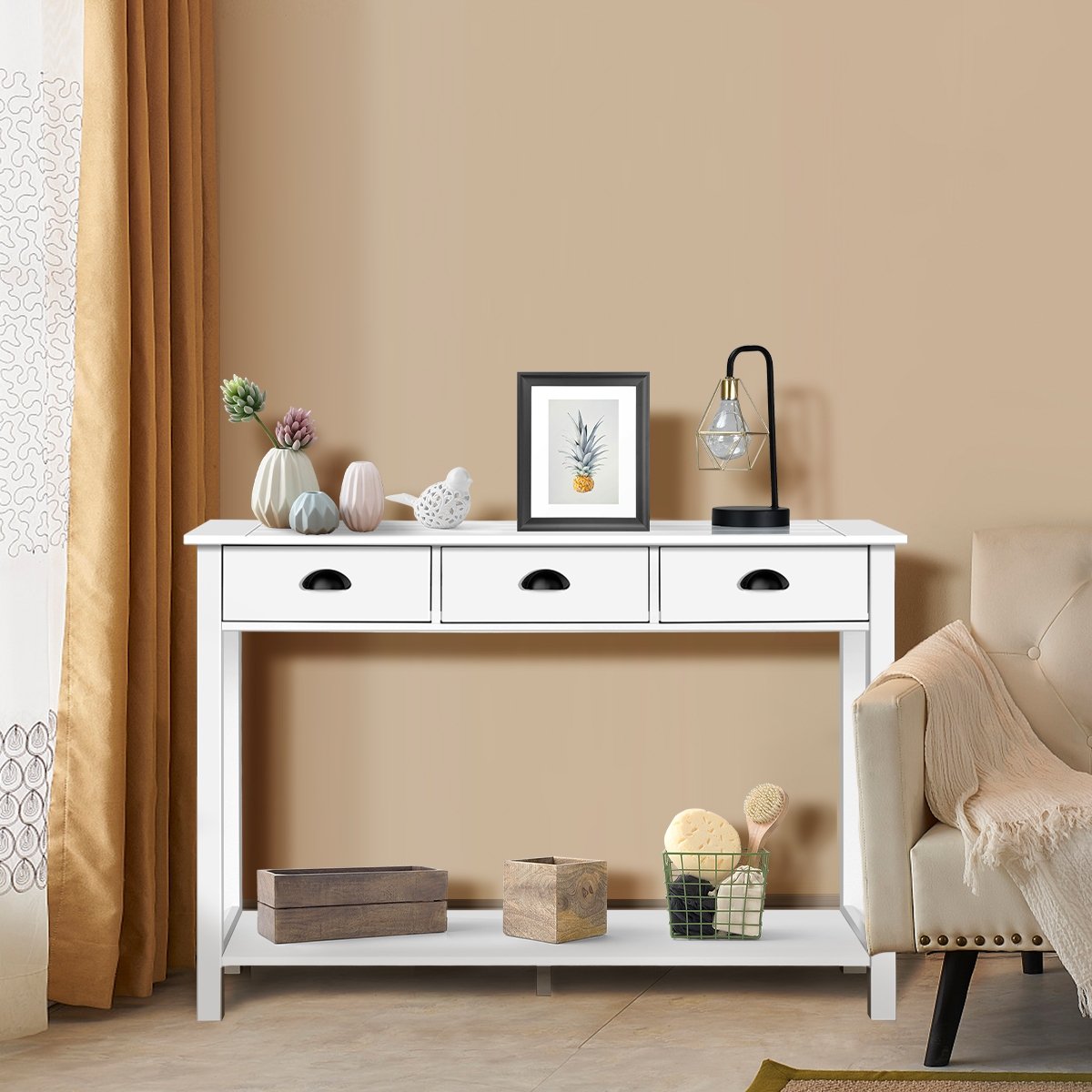 47 inch Entryway Hall Table Side Desk Accent Table with Drawers Shelf, White Console Tables   at Gallery Canada