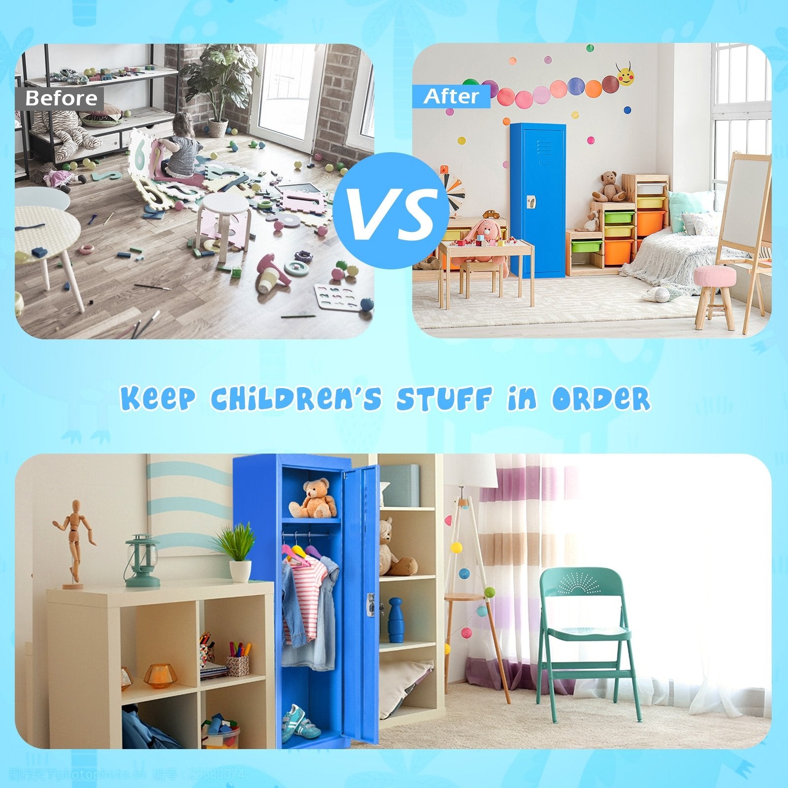 48 Inch Kid Safe Storage Children Single Tier Metal Locker, Blue Kids Storage   at Gallery Canada