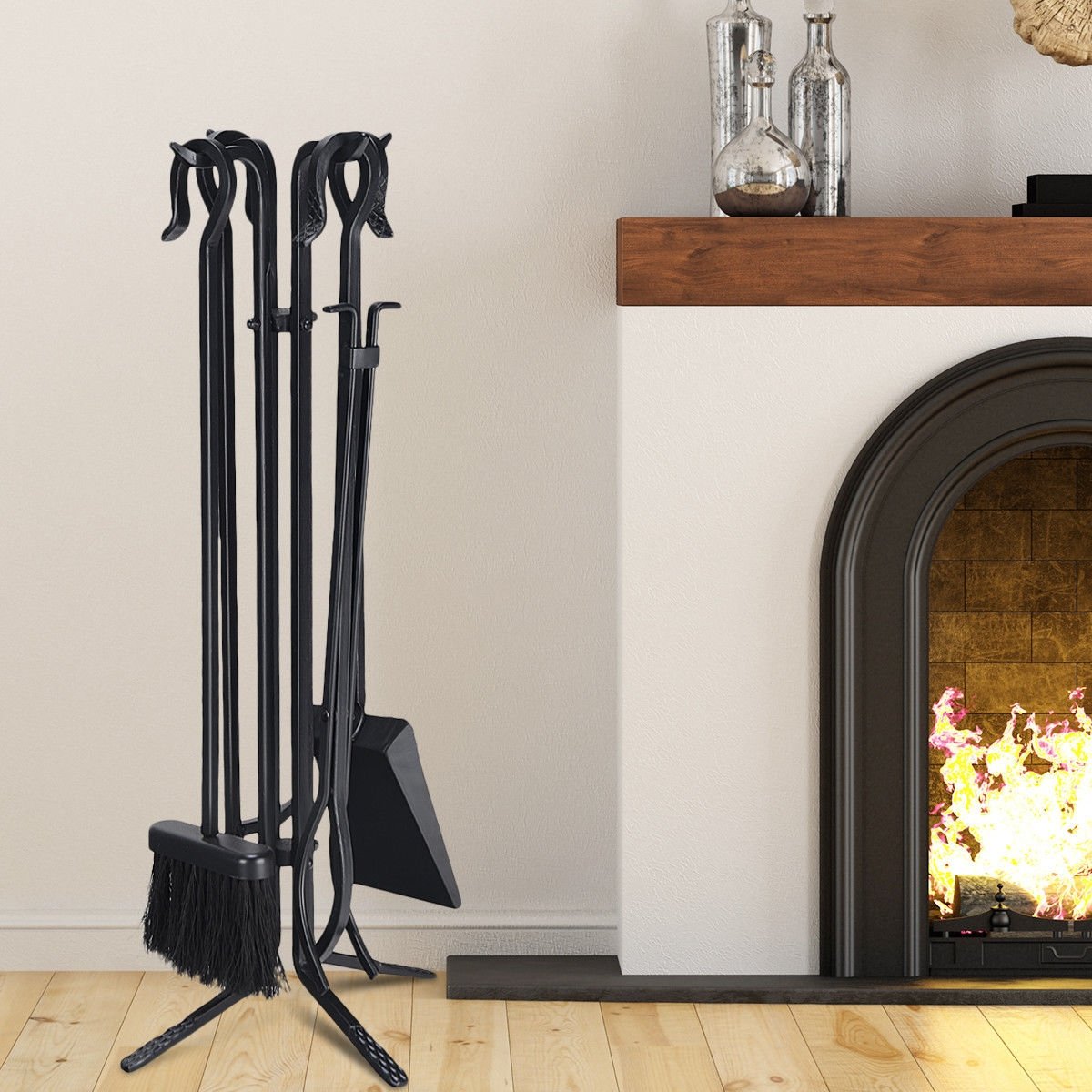 5 Pieces Fireplace Iron Standing Tools Set, Black Fireplace Tools   at Gallery Canada