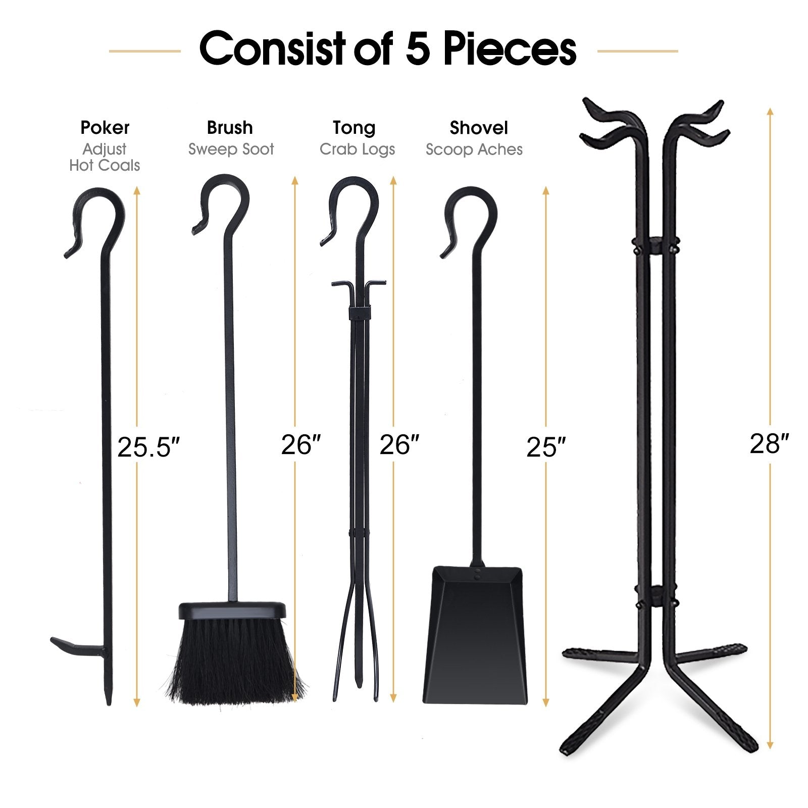 5 Pieces Fireplace Iron Standing Tools Set, Black Fireplace Tools   at Gallery Canada