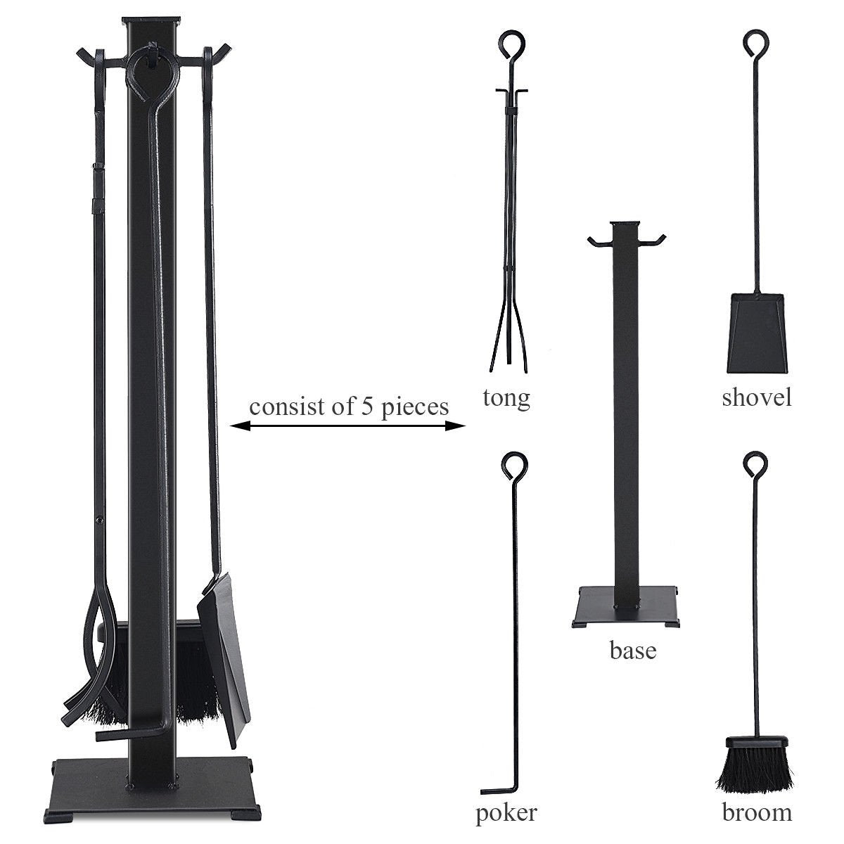 5 Pieces Fireplace Iron Fire Place Tool Set , Black Fireplace Tools   at Gallery Canada