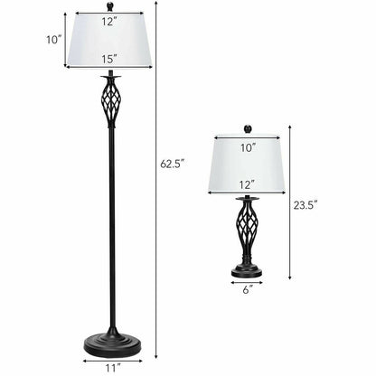 3 Pieces Lamp Set 2 Table Lamps 1 Floor Lamp with Fabric Shades, White - Gallery Canada